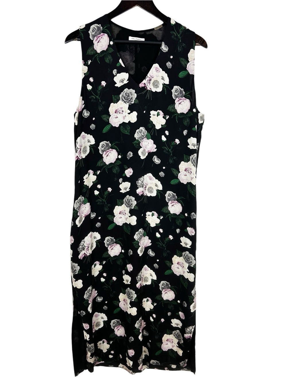 Equipment 100% Silk Black Floral Maxi Dress Size Large Sleeveless